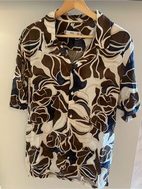 Mango Brown Navy Cream Abstract Floral Button-Up Shirt